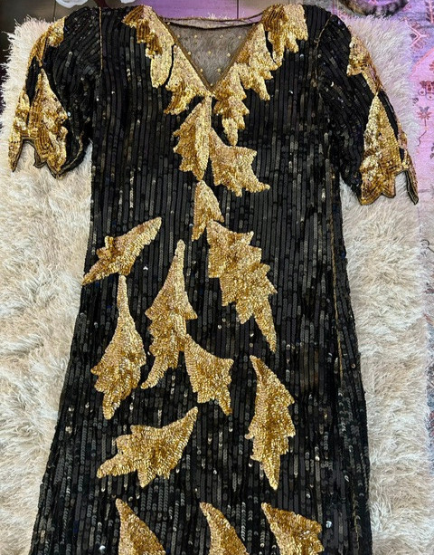 Vintage Sho-Max Glam Black Gold Sequins Beads See Thru Design Leaf Embellished S