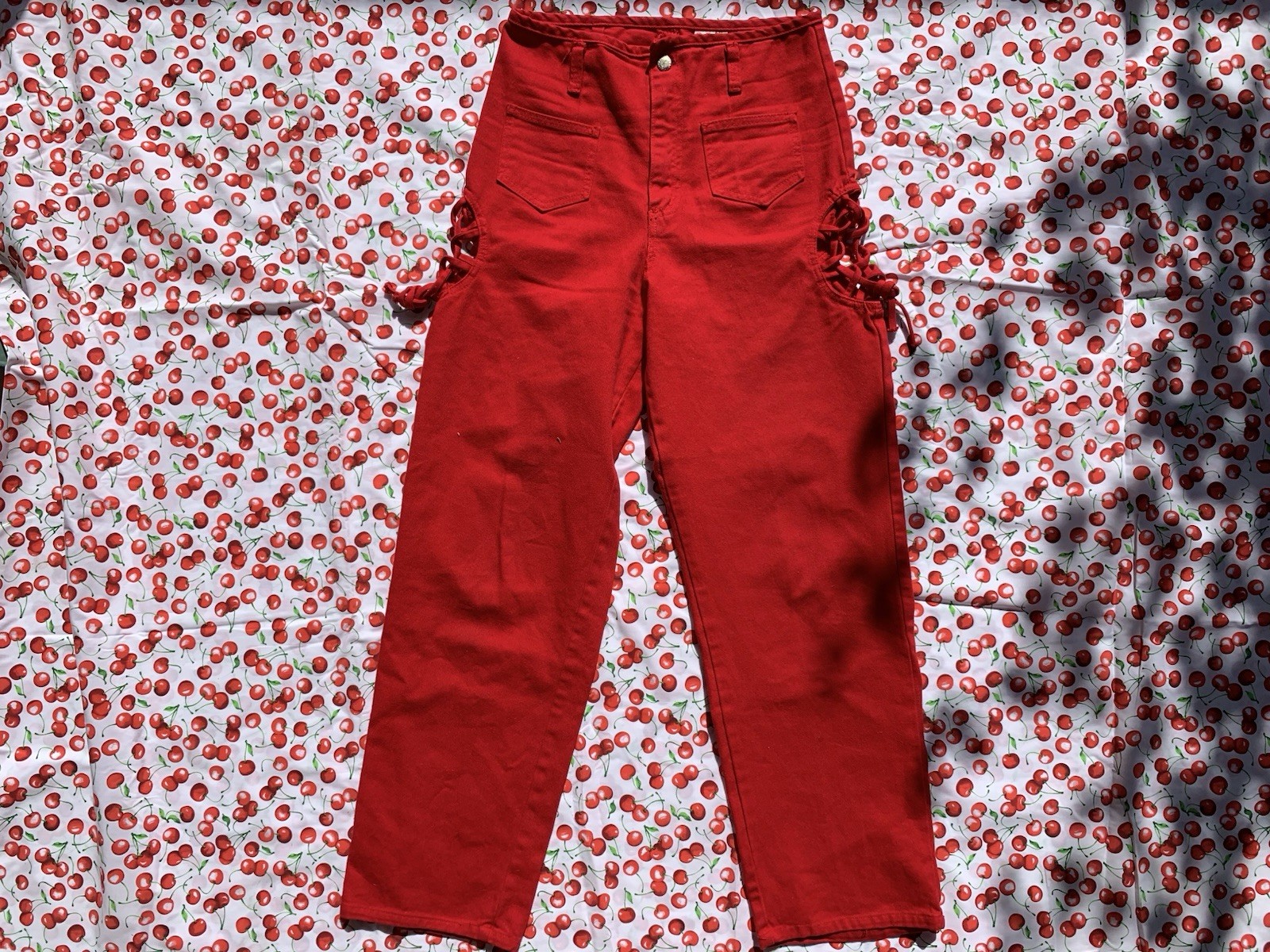 Vintage 80s 90s Tomato Red High End Jeans With Side Peep-hole Detail