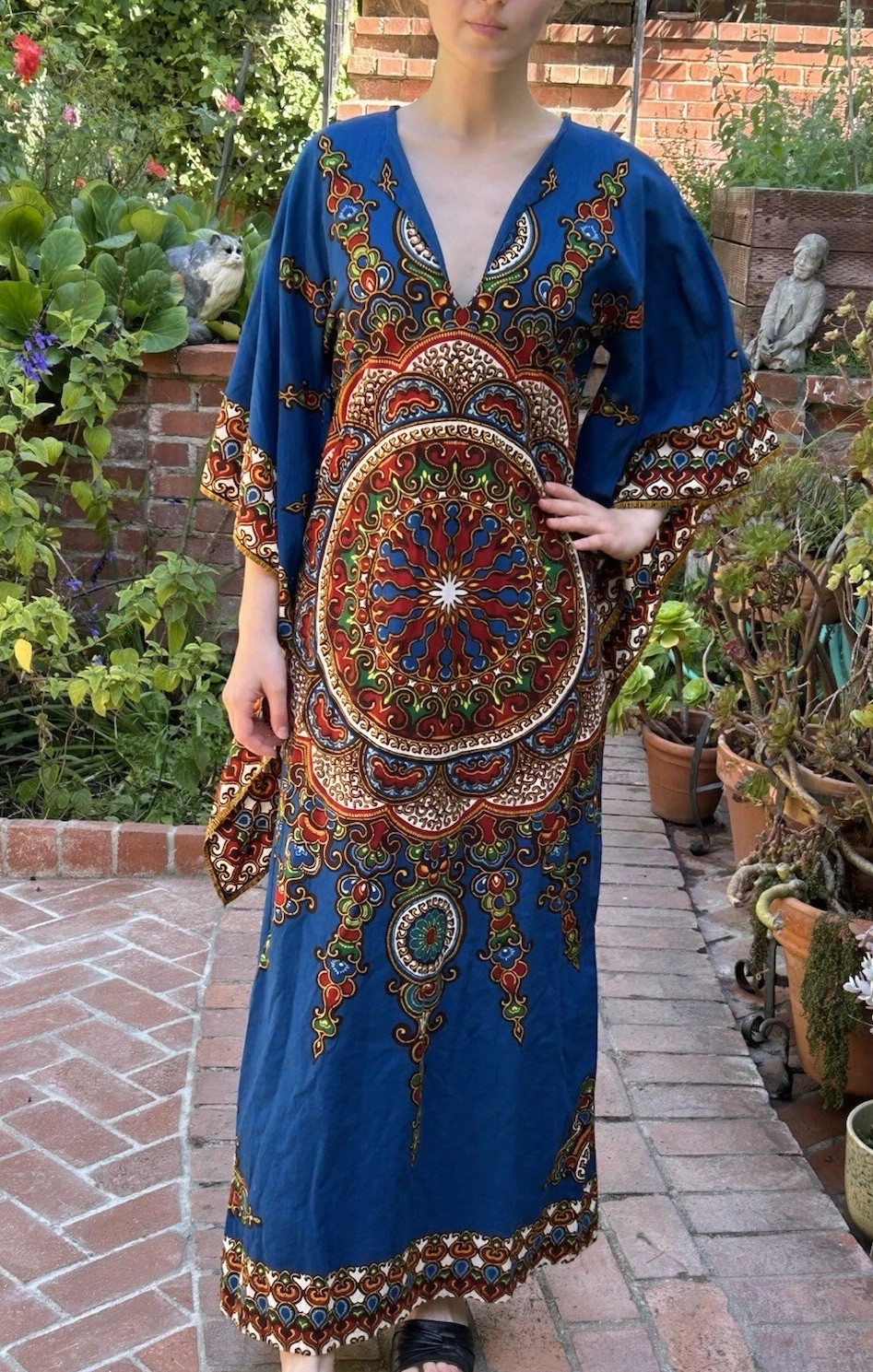 Vintage 60s Hatari Imports S African Textile Hippie Dress Blue Kenya Kaftan