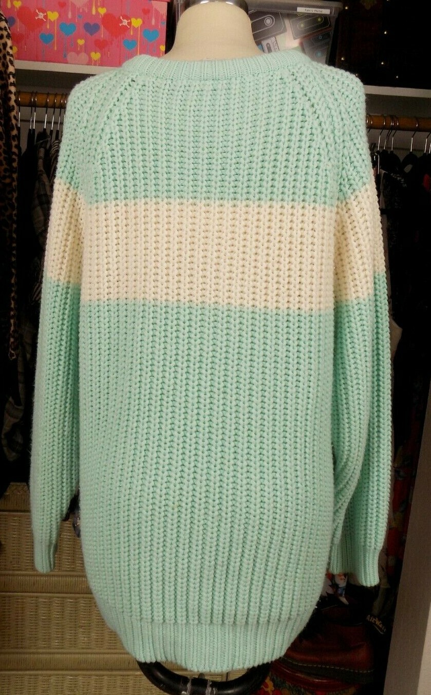 One Step Up Vintage Pastel Mint Green White Striped Sweater L Large Acrylic Cute