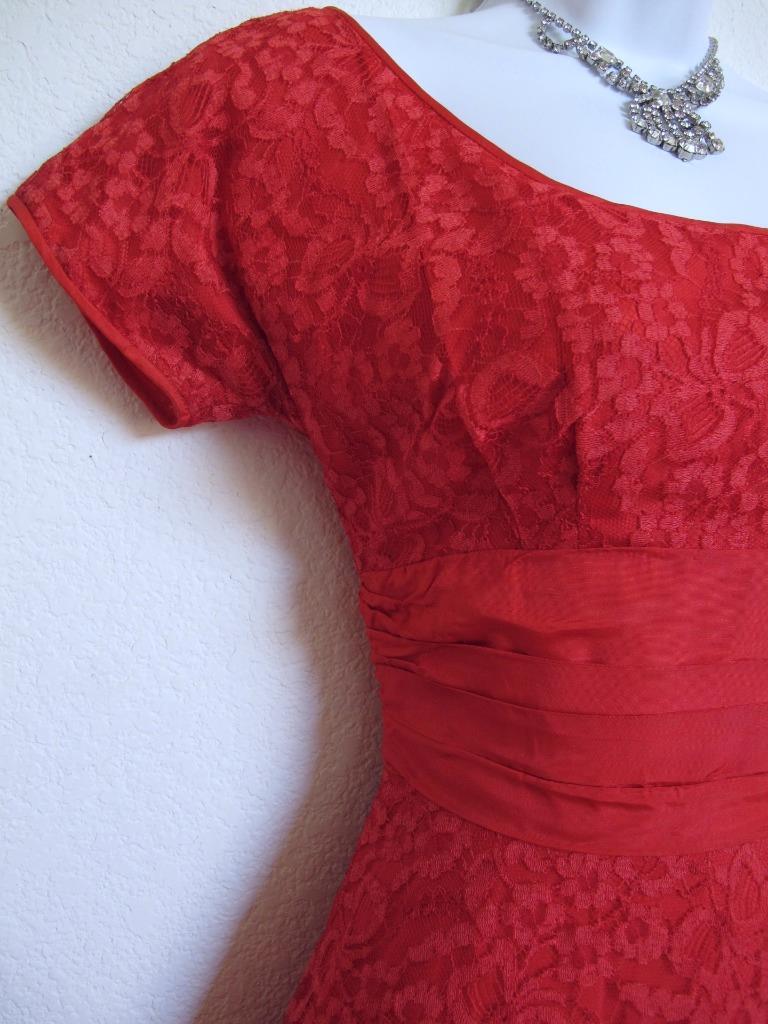 Vintage 50s Valentine Red Lace Party Dress XXS Full Skirt Bustle Back Wasp Waist