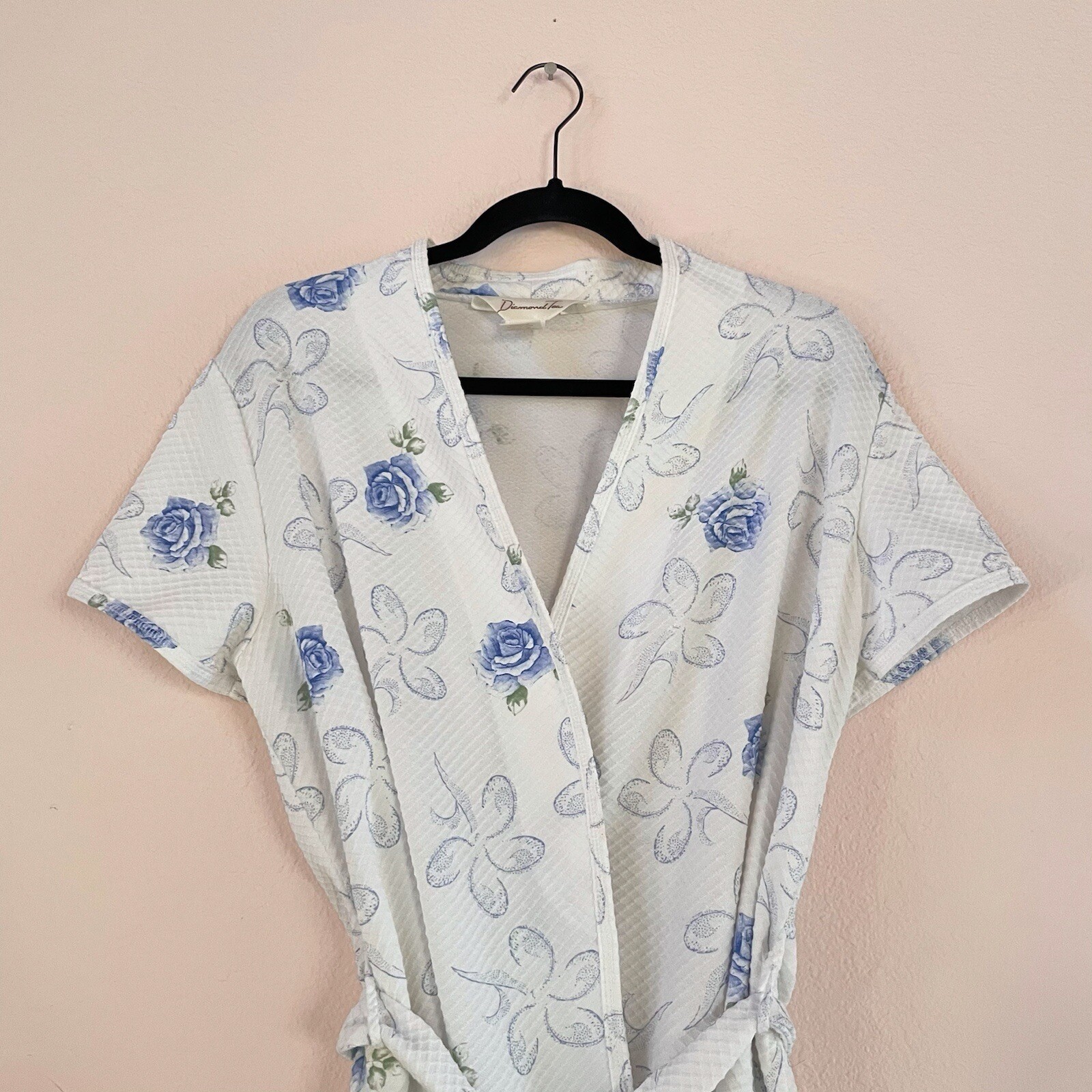 Vintage White & Blue Floral Rose Diamond Tea Short Robe M Lingerie Saks