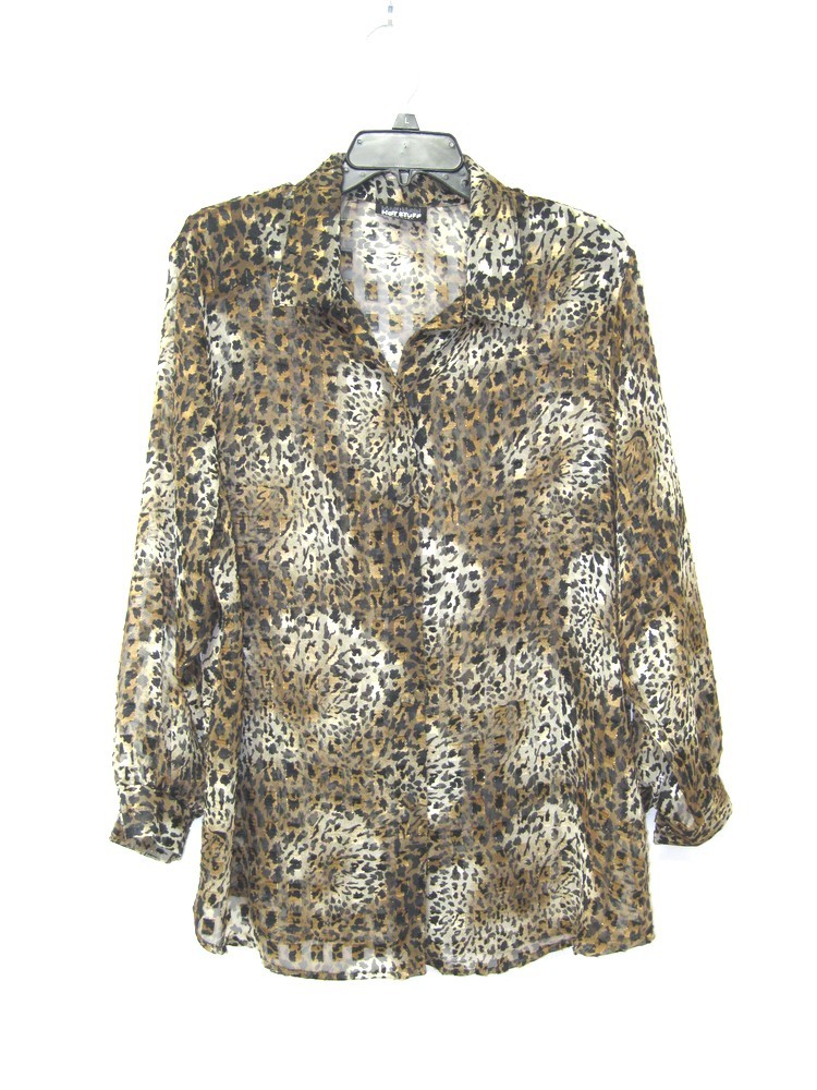 Vintage Oversized Long Animal Print Leopard Sheer Button Down Shirt – L / XL