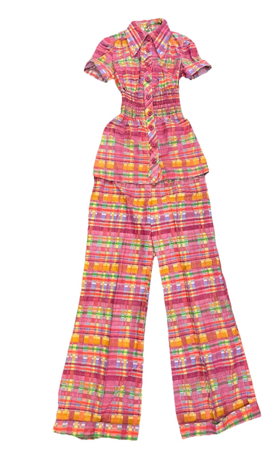 RARE Vintage 1970s Two Piece Set Bell Bottom And Top Bright Colorful Plaid SZ XS