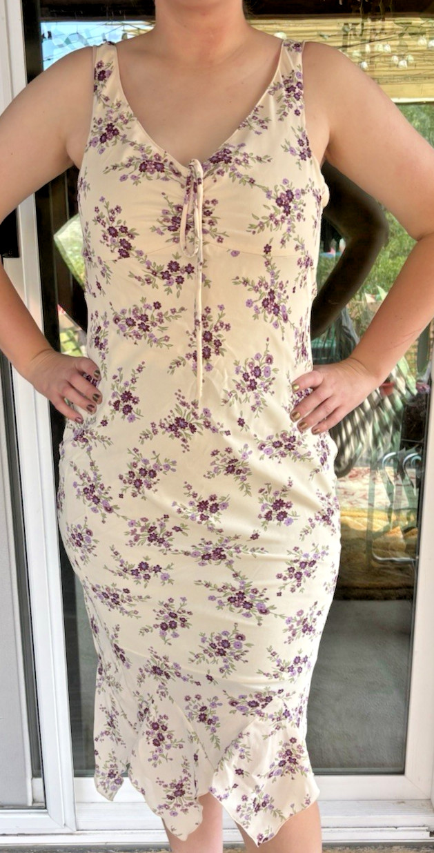 Vintage Y2K Dress Jonathan Martin Handkerchief Hem Purple and Cream Floral Print
