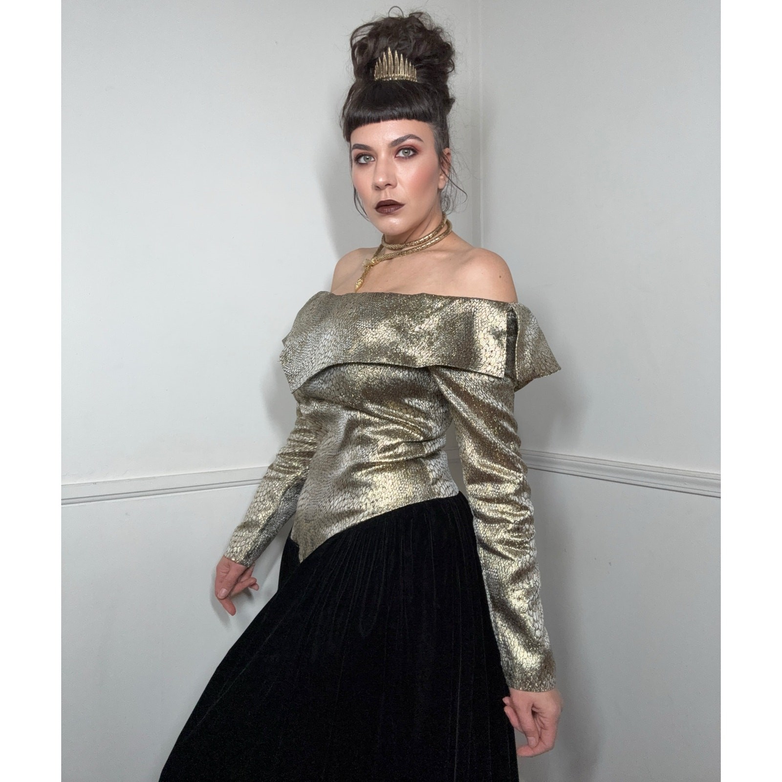 Large 1980s Vintage Snake Print Brocade and Velvet Formal Gown