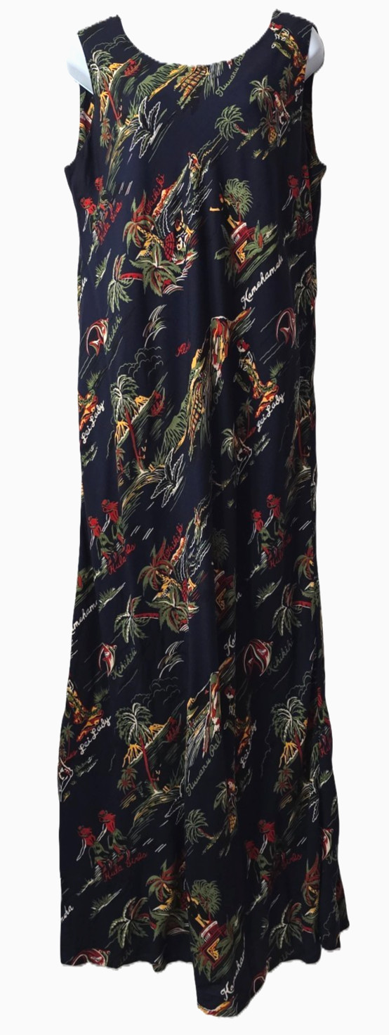 Vintage Hilo Hattie Maxi Dress 16 XL Island Palm Tree Print Navy Hawaiian Beach