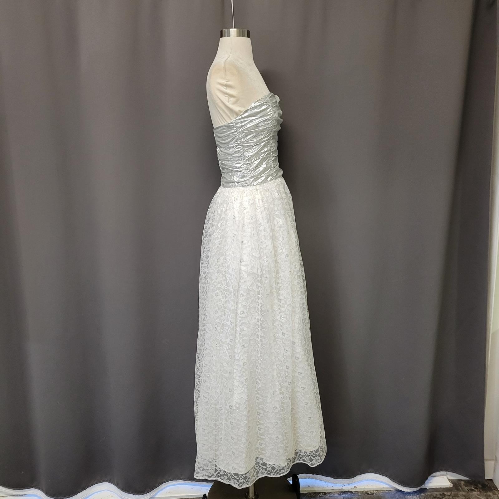 Vintage 80s Gunne Sax Jessica McClintock Dress Silver Metallic Lace White Size 9