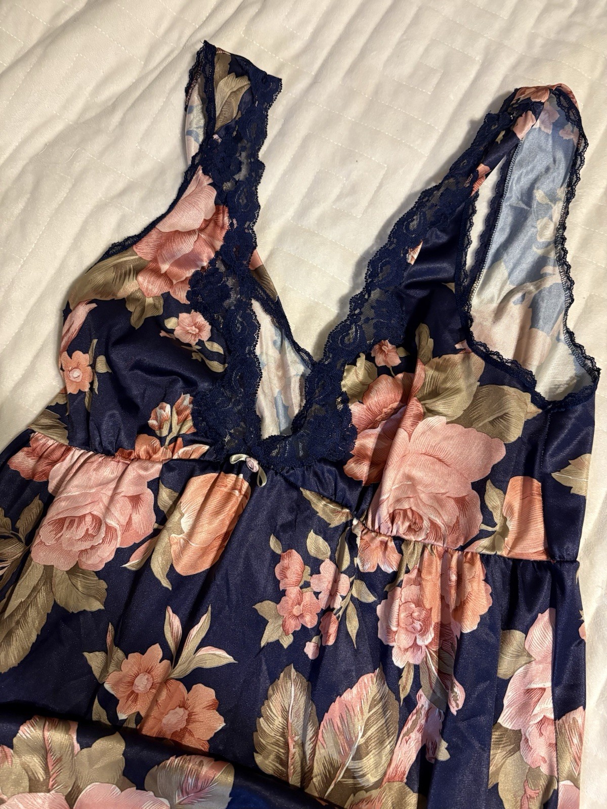 VTG Sexy 70s Lorraine Womens S Nylon Nightgown Retro Floral Blue Long Slip Dress