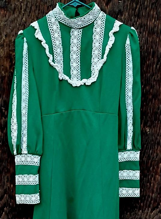 Amazing 70s Vintage Green Empire Leg O Mutton Sleeve Sz M/L PolyKnit Maxi Dress
