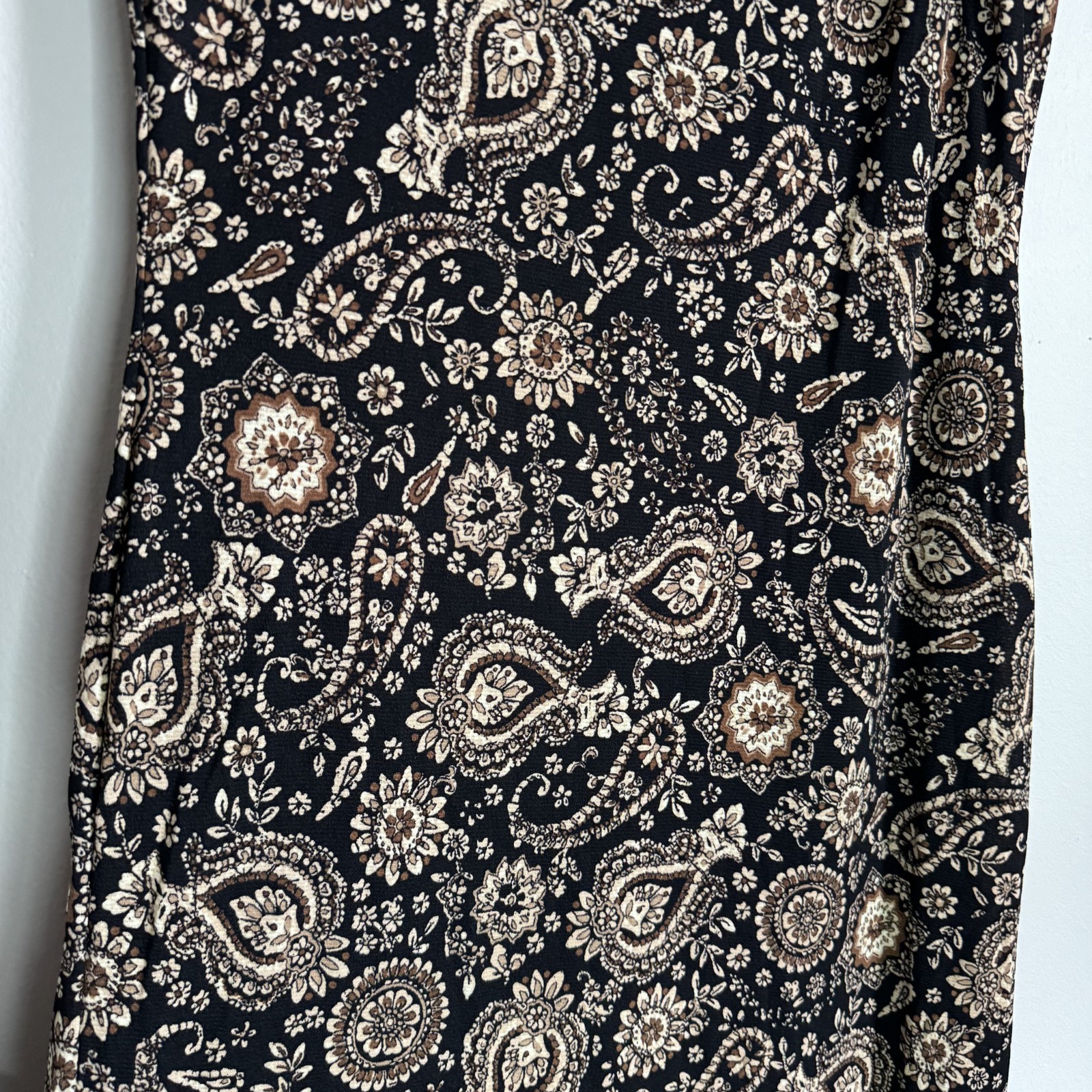 Vtg 90s Paisley Hi-Low Hem Midi Dress Womens Medium 8/10 Black Brown Boho Grunge