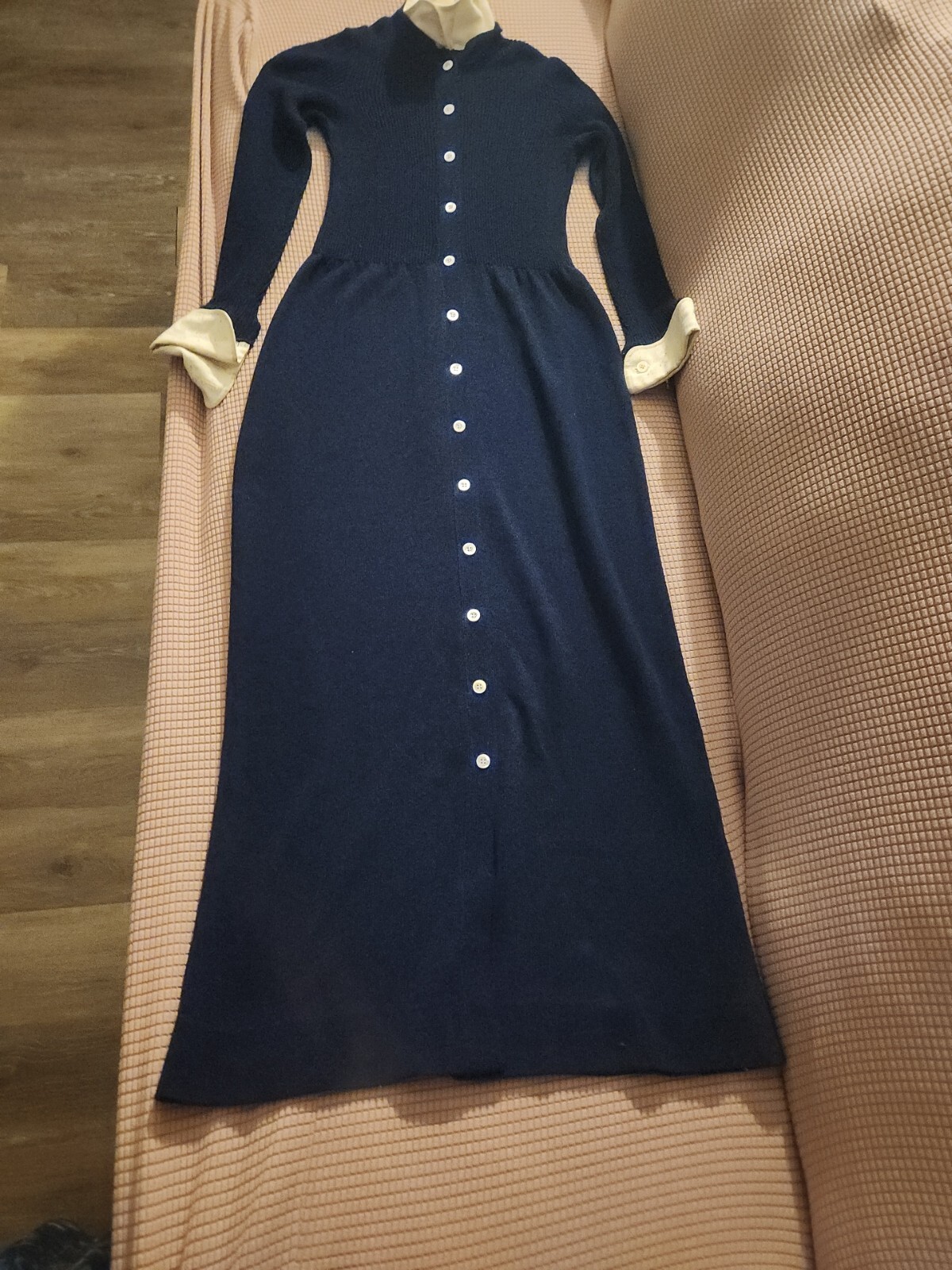 Vintage JOAN LESLIE For Kasper Maxi Navy Blue & White Long Sleeve Dress Sz 10