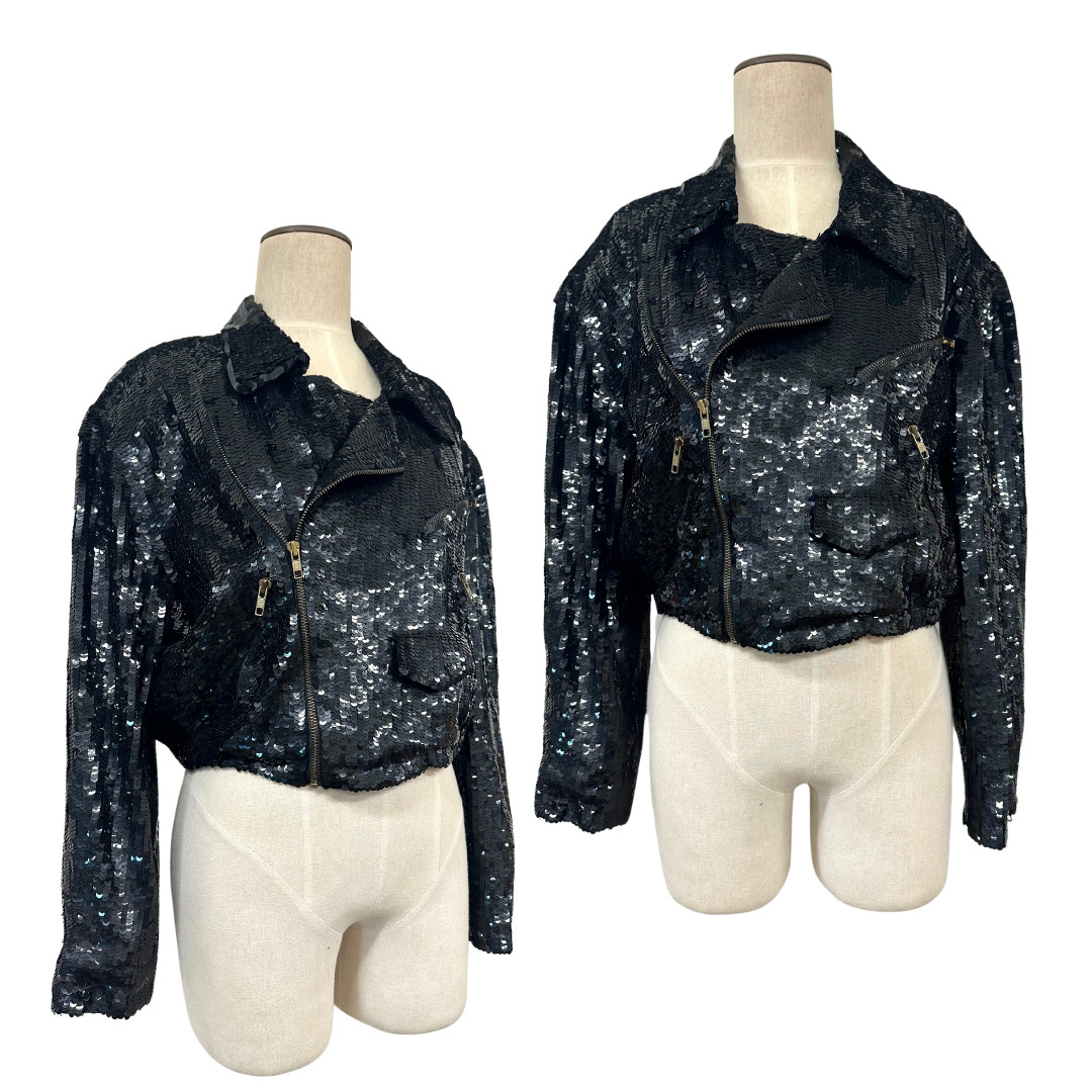 Vintage 1980s MODI Black Sequin Zip Up Rocker Biker Glam Moto Jacket