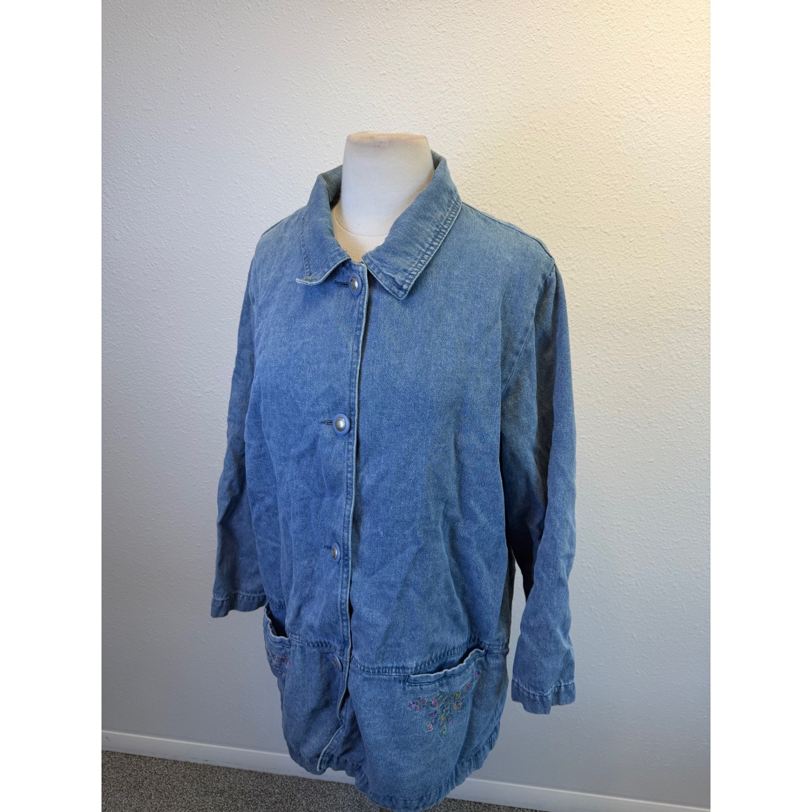 Vtg Button Up Lightweight Chore Jacket Womens Medium Cottage Embroidered Floral