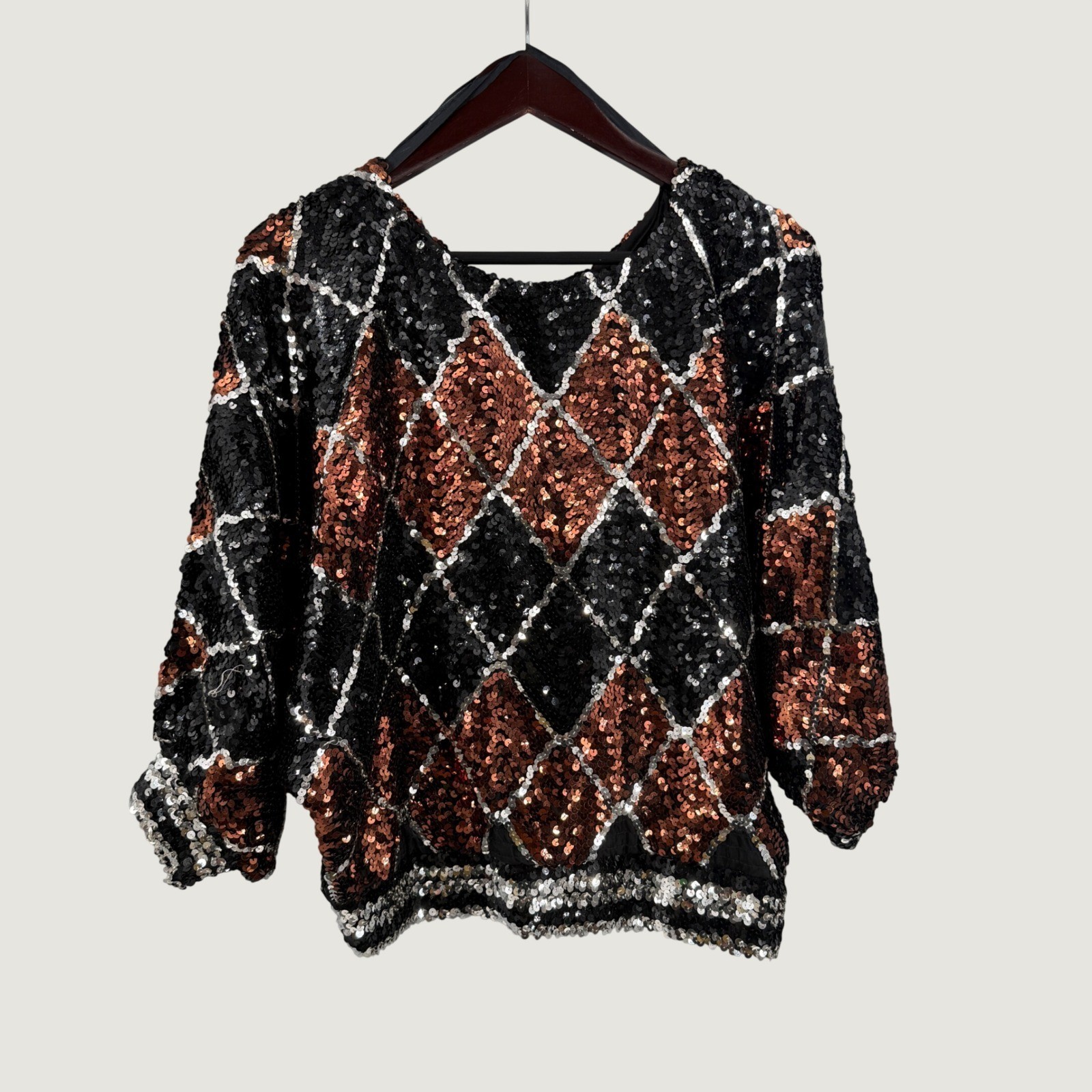 Vintage Lady Helene 80s Sequin Top Black Copper Harlequin Dolman Sleeve Party