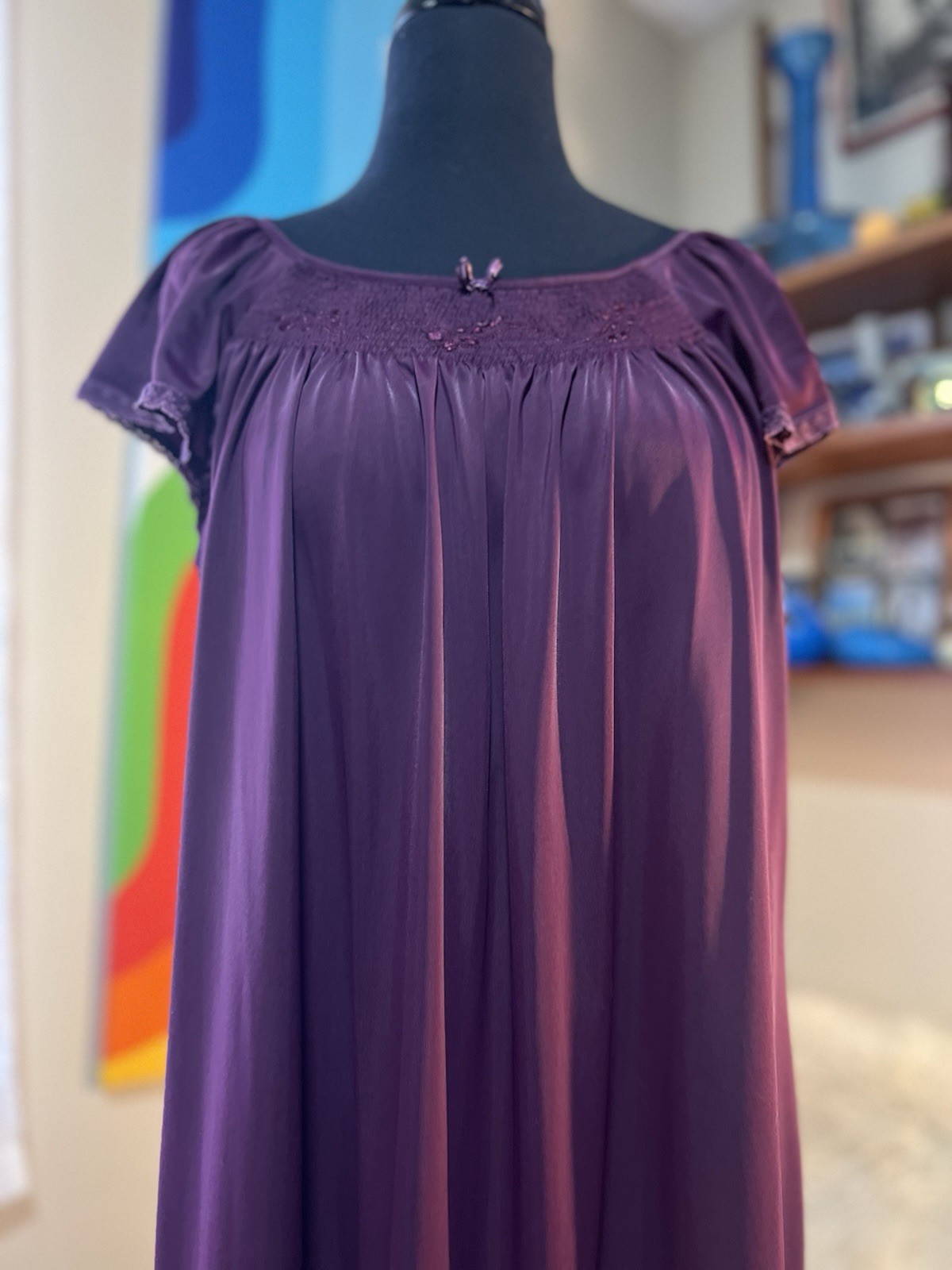 Vtg Miss Elaine Maroon Burgundy Red Silky Nylon Flutter Sleeve nightgown Small