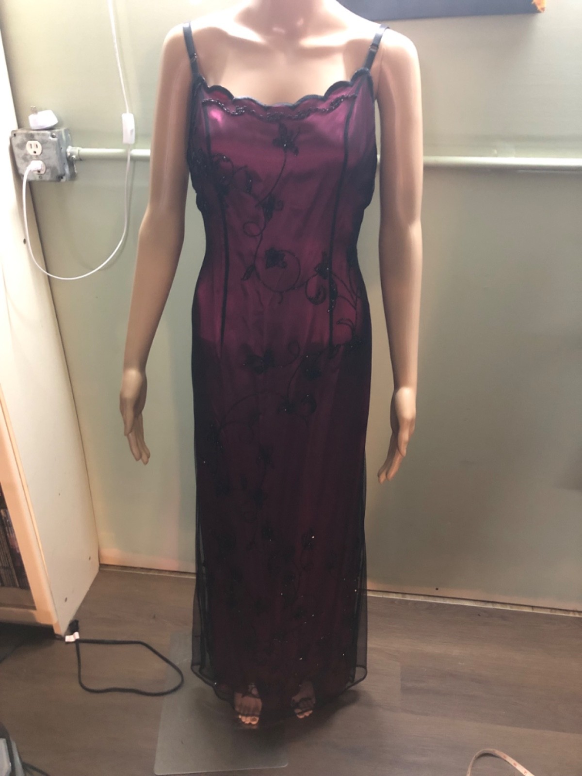 Vintage 90s Nadine Formal Dress Beaded Mesh Overlay Gown black Magenta Goth Sz 7
