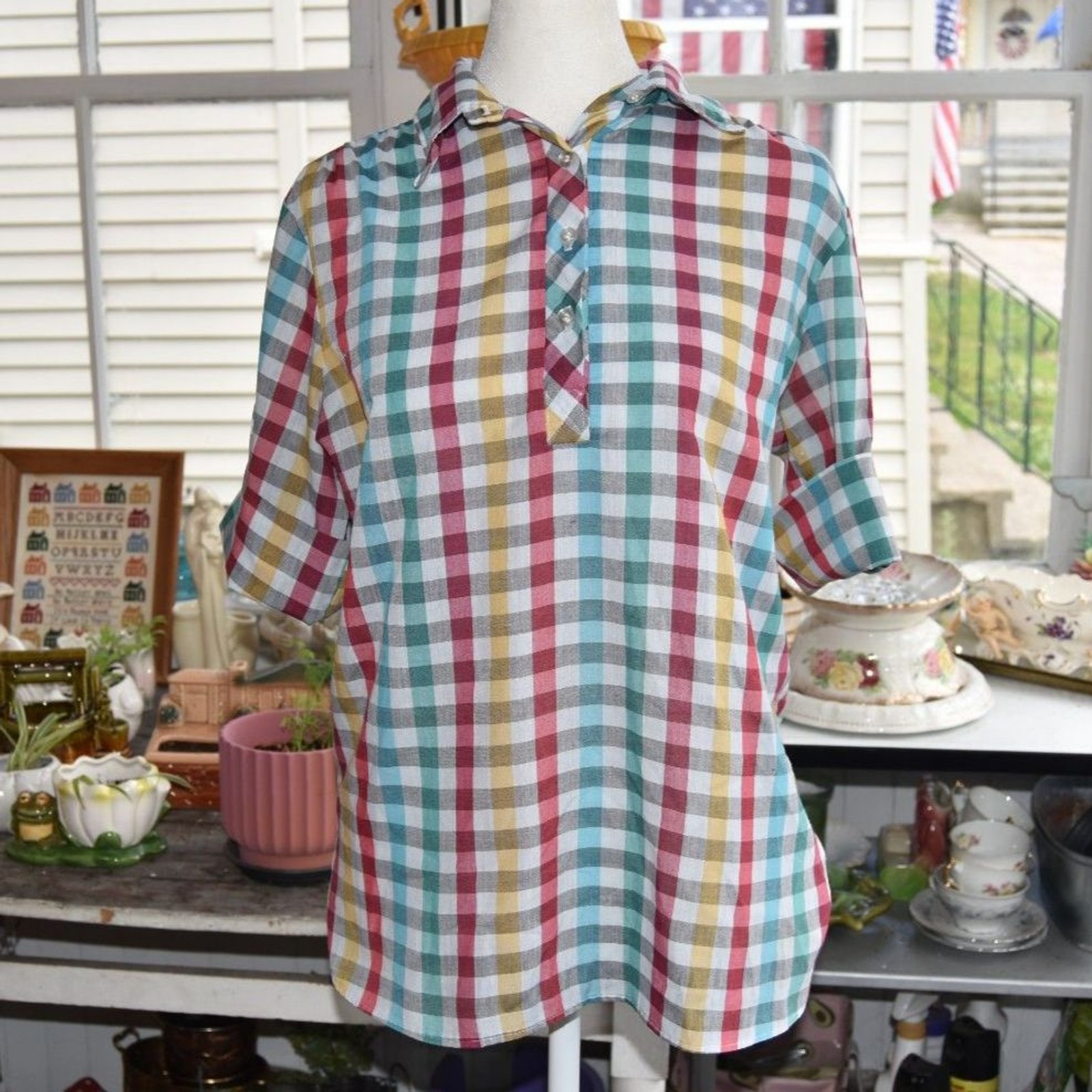 Vintage 50s Ivy Taylor Plaid Cotton Blouse M Button Front Roll Tab Sleeve