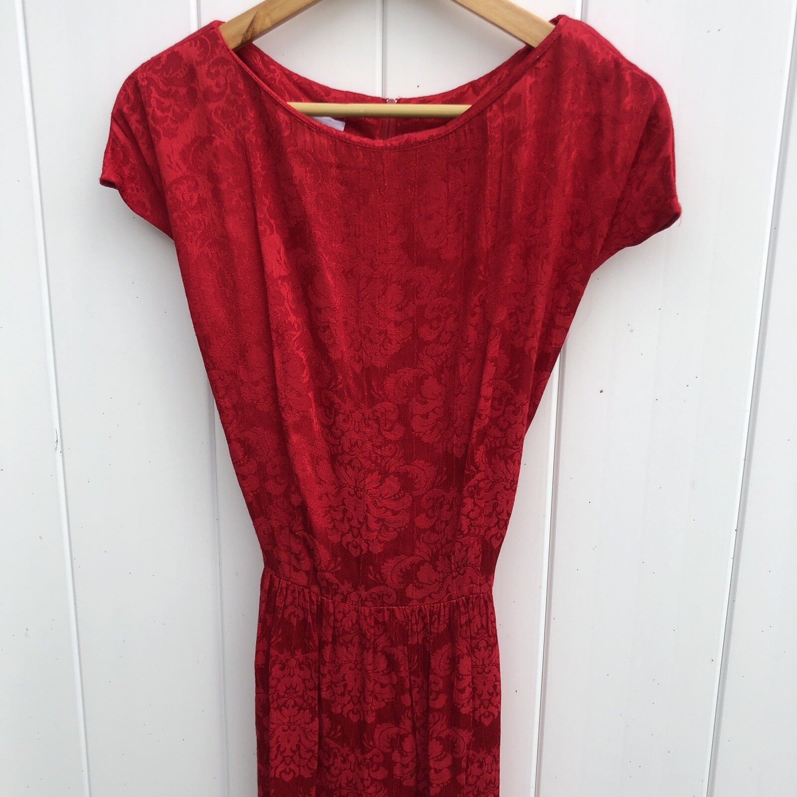 Vintage K.C. Spencer Short Sleeve Dress Red Maxi Floral Tie Gown Christmas 8