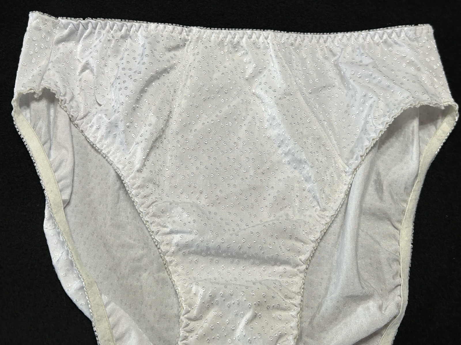 Vtg UNBRANDED Satin Embroidered Dots Hi-Leg Sz 8 White Panties #380