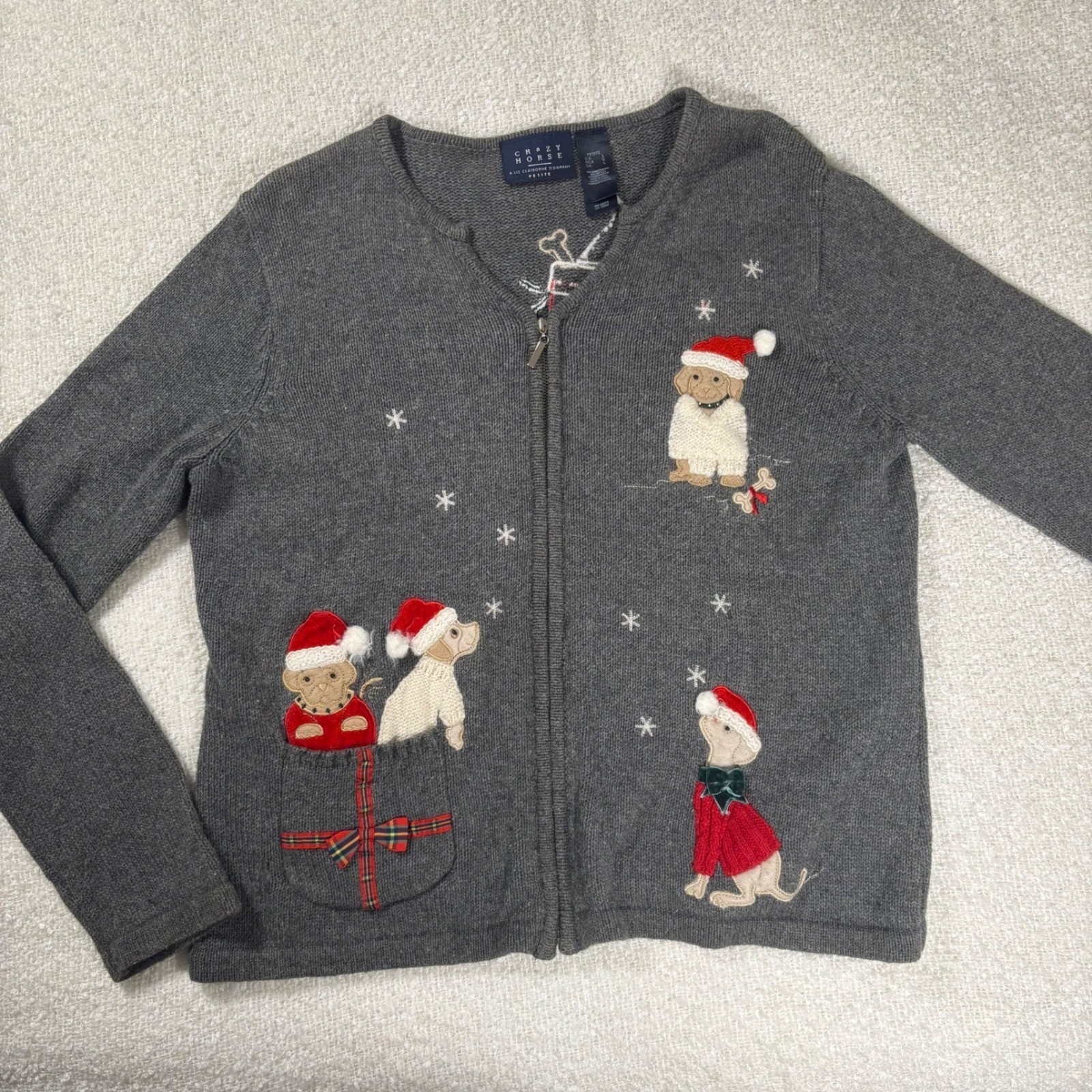 vintage 90s crazy horse liz clairborne ramie knit gray christmas puppy cardigan