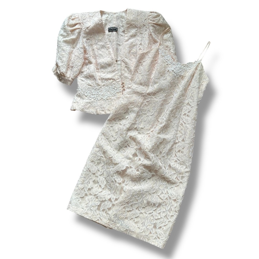 Vintage 80s Cachet by Bari Protas Light Pink Lace Dress Suit Set Women’s Size XS