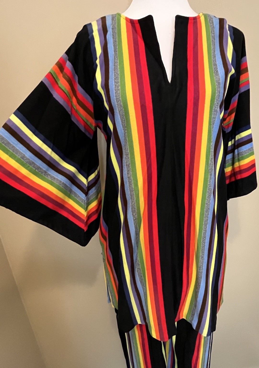 Vtg 60s/70s Sz M Rainbow Striped Top Bottom Set Kimono Sleeve Knit Tunic Lounge