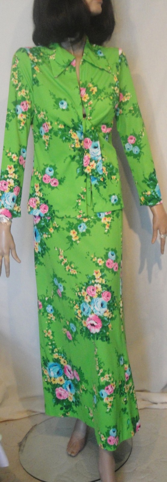 Long Vintage Green Floral Two Piece Dress 36 Tie Blouse ***