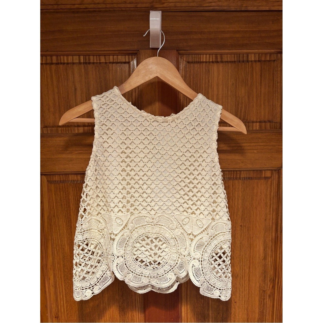 Sage Ivory Crochet Lace Sleeveless Tank Top | Boho Festival Cottagecore | Medium
