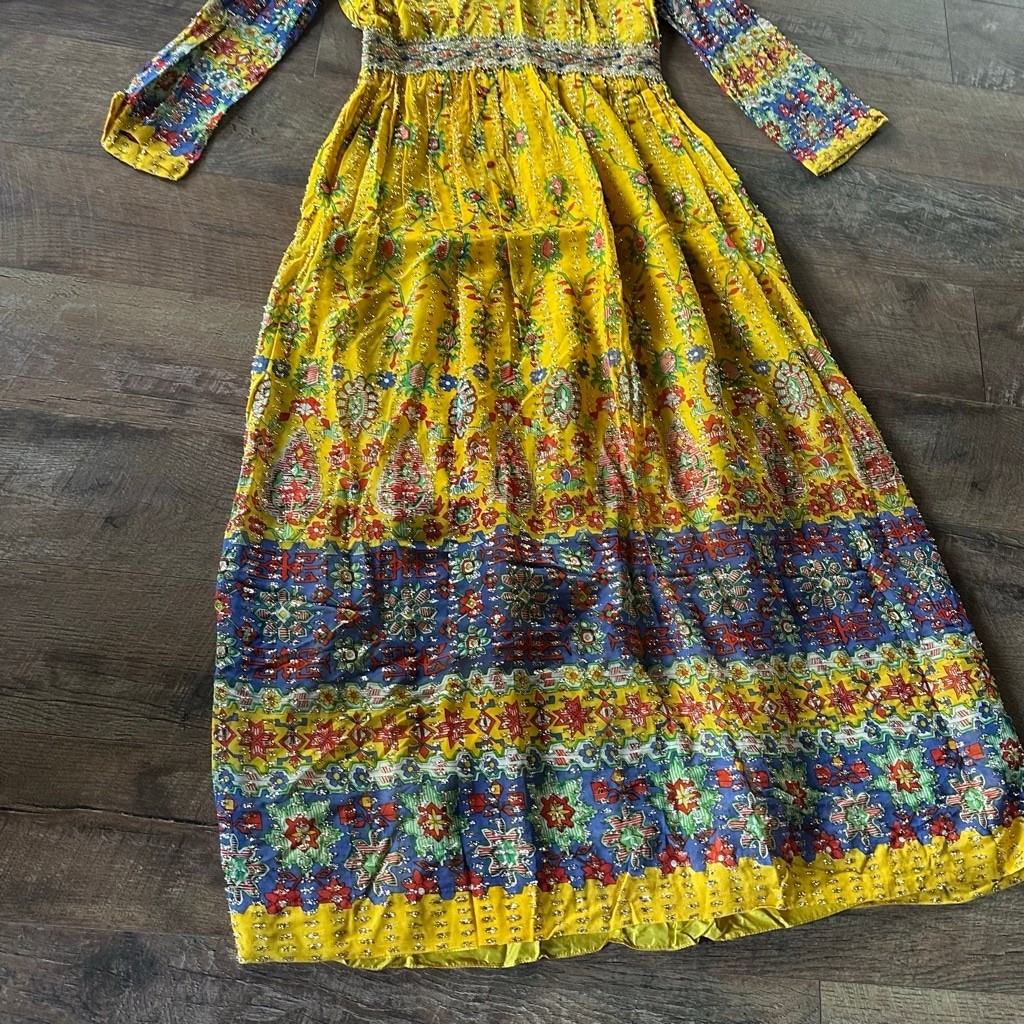 Women’s Bohemian Maxi Dress Yellow/Blue Floral Print Size M Summer
