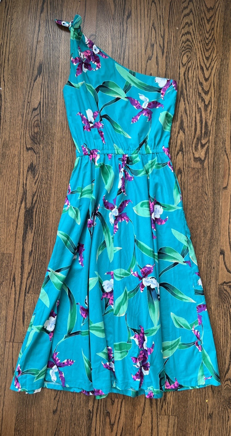 1980s Handmade One Shoulder Hawaiian Dress Teal W/Purple Orchid Flowers Size Sm