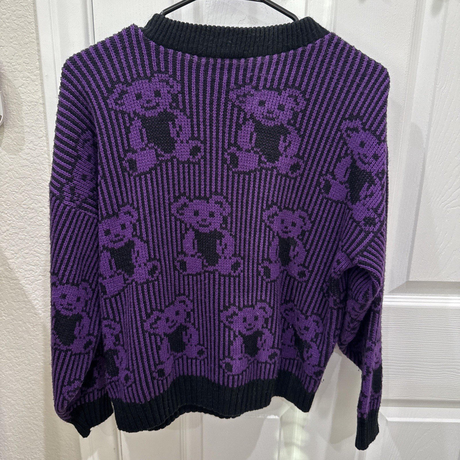 Vintage 1980s Adele Knitwear Teddy Bear Sweater Purple & Black Made in USA