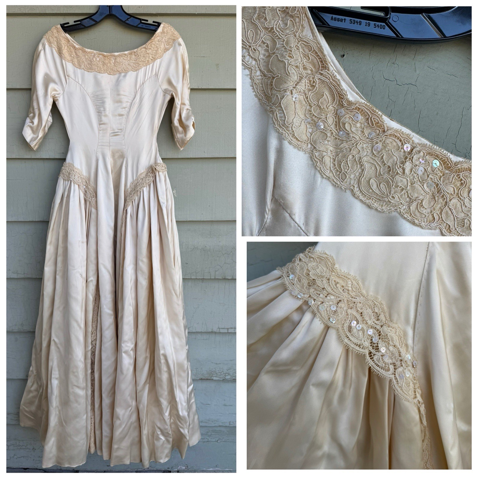 Vtg 40/50’s Satin Wedding Dress Beige Cream Lace Size 2 ? Lace Sequins 22” Waist