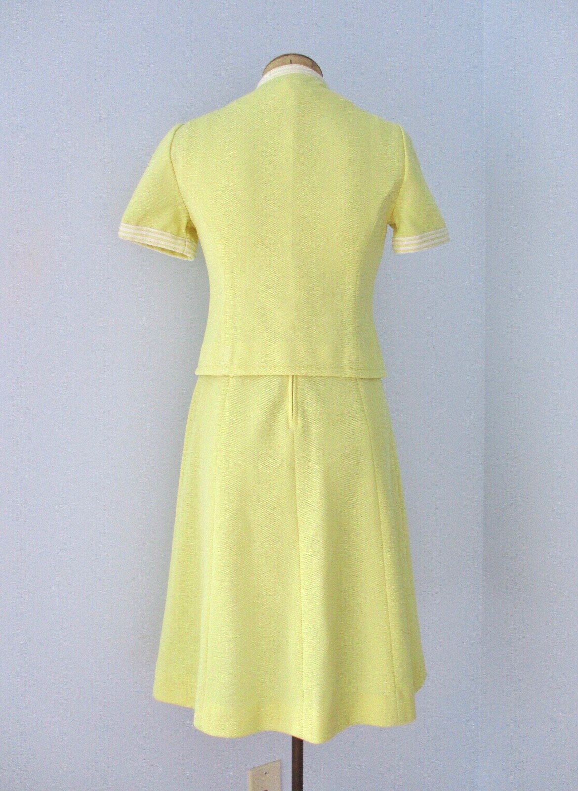 Vtg 70s Leslie Fay Yellow 2-Pc Fit Flare Ringer Dress Jacket Secretary Suit S/M