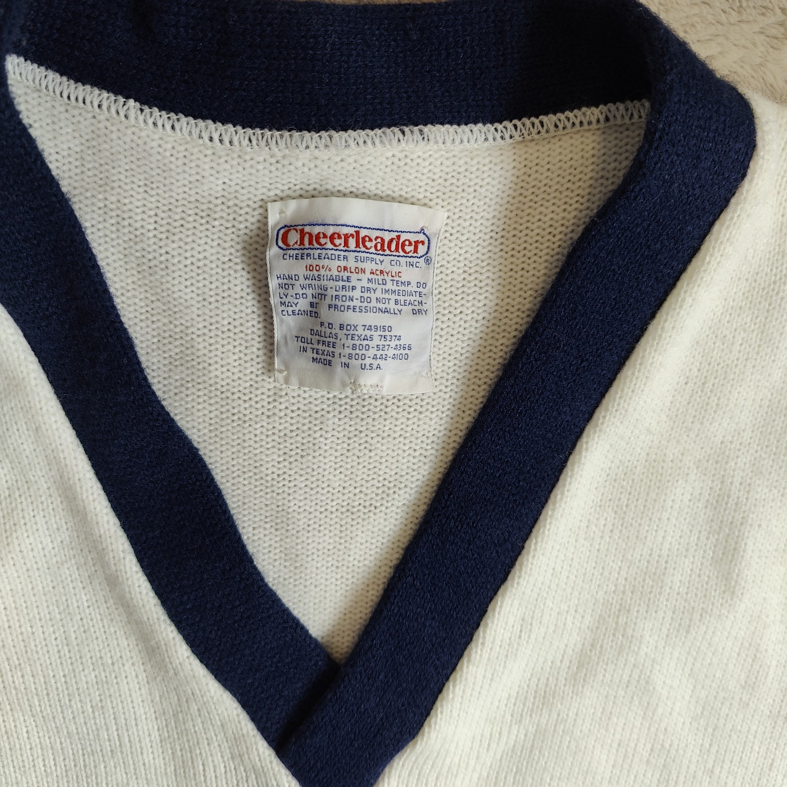Vintage 70s 80s Cheerleading V-Neck Sweater White Navy and Gray Stripe – Size M