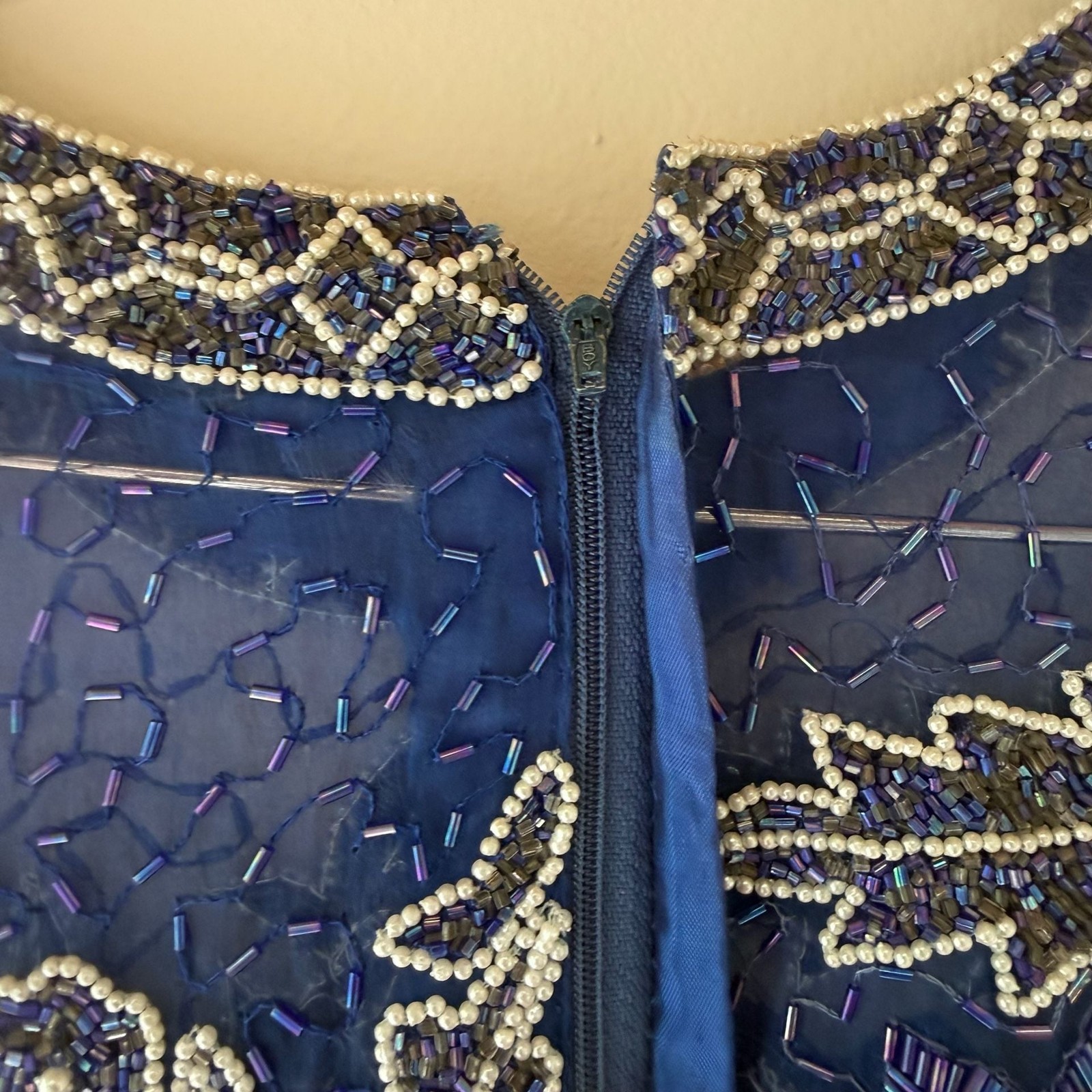 Vintage 100% Silk Beaded Evening Dress Gown Long Sleeve Royal Blue