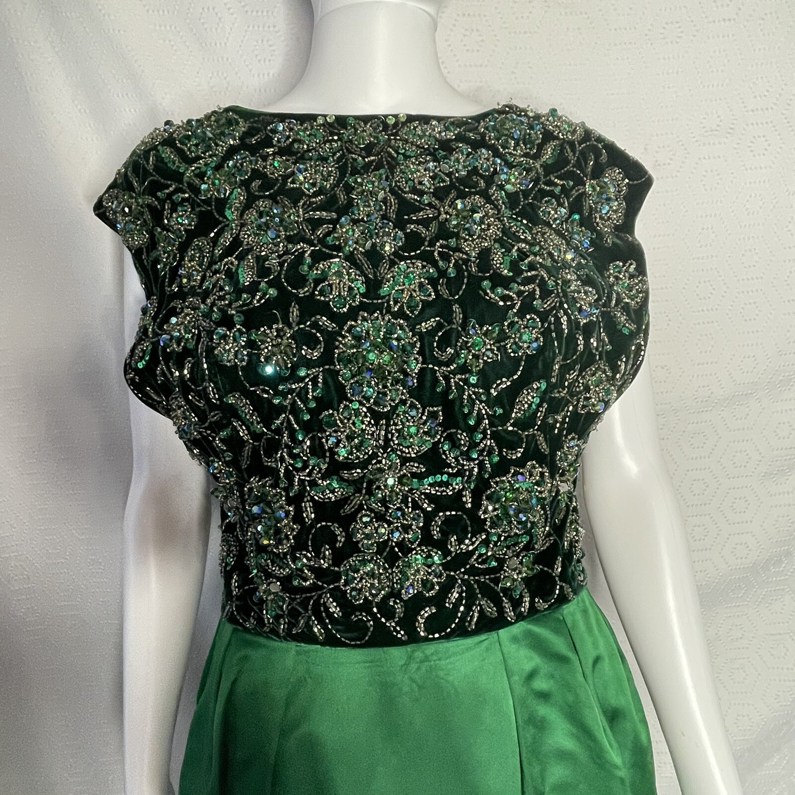 Vintage 60s Beaded Satin Velvet Gown Dress Pat Sandler For Highlights Green S