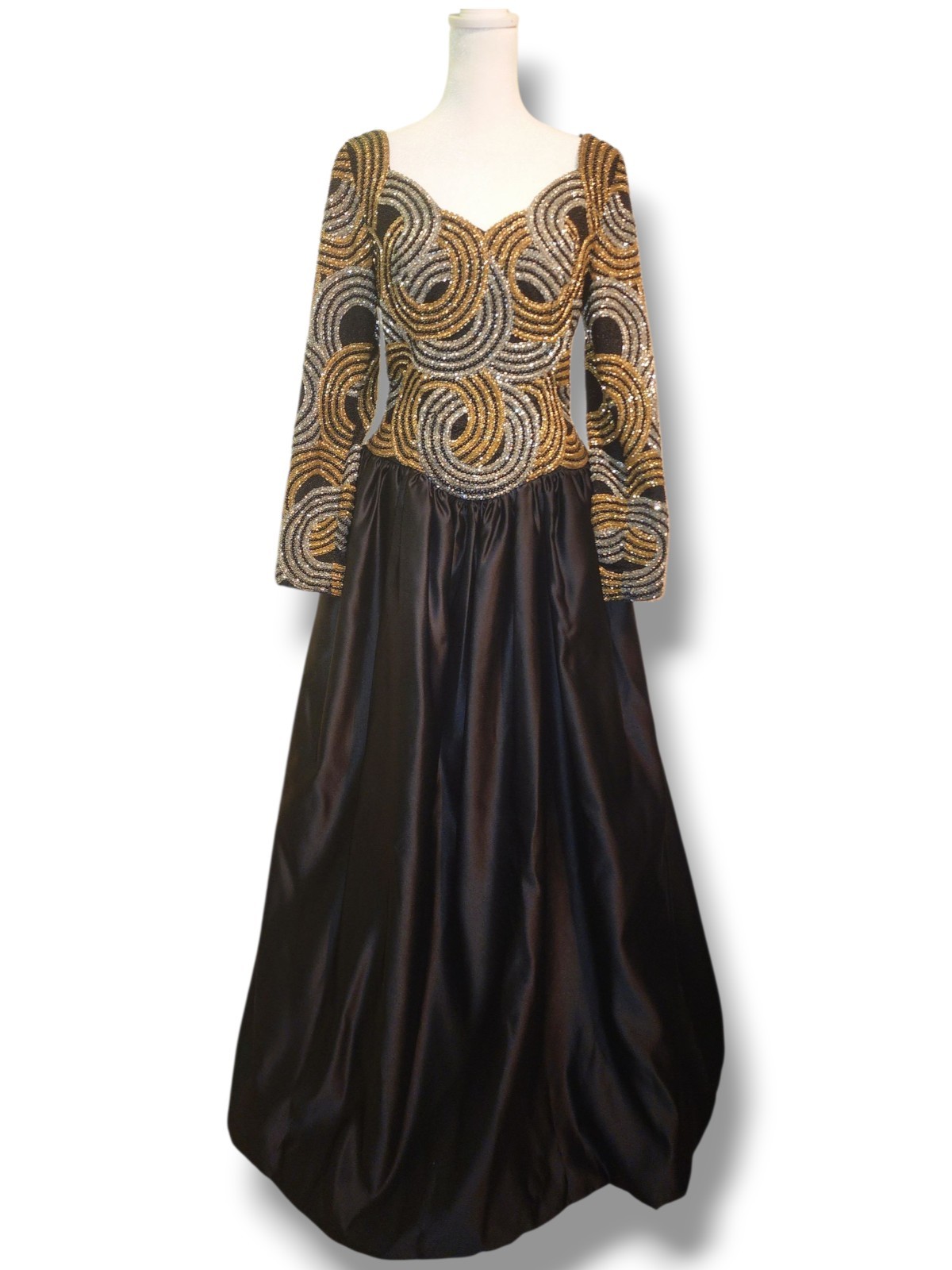 VTG Oleg Cassini Black Tie Beaded Ball Gown Full Skirt Black Gold Silver S/M