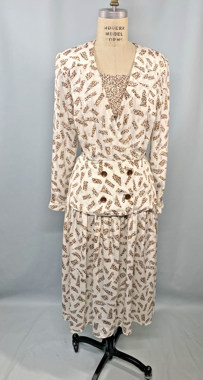 Vintage Dress SIZE LARGE ivory brown neutral PLAZA SOUTH 40s 80s 90s peplum