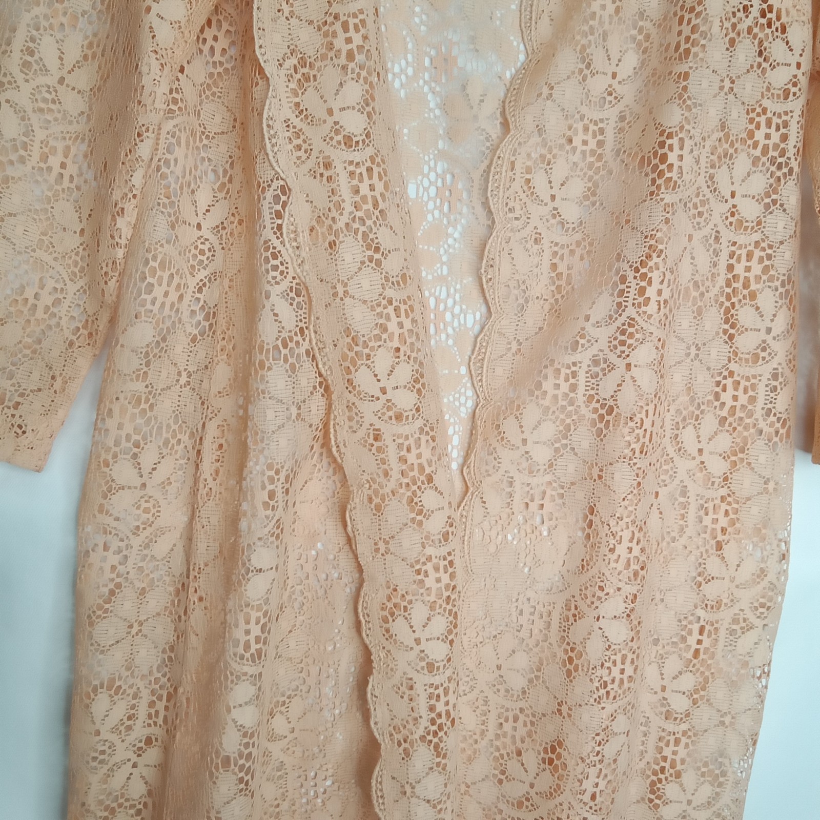 Vintage Miss Rubette Peach Floral Lace Long Robe Duster Jacket & Dress 1960s