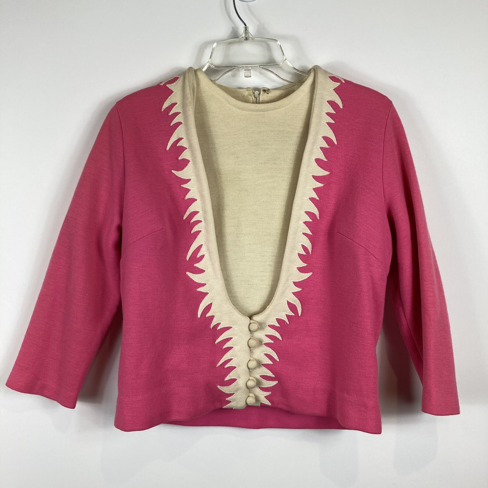 VTG Marie Phillips Pink Ivory 100% Worsted Wool Flat Knit Suit Skirt Set Women M