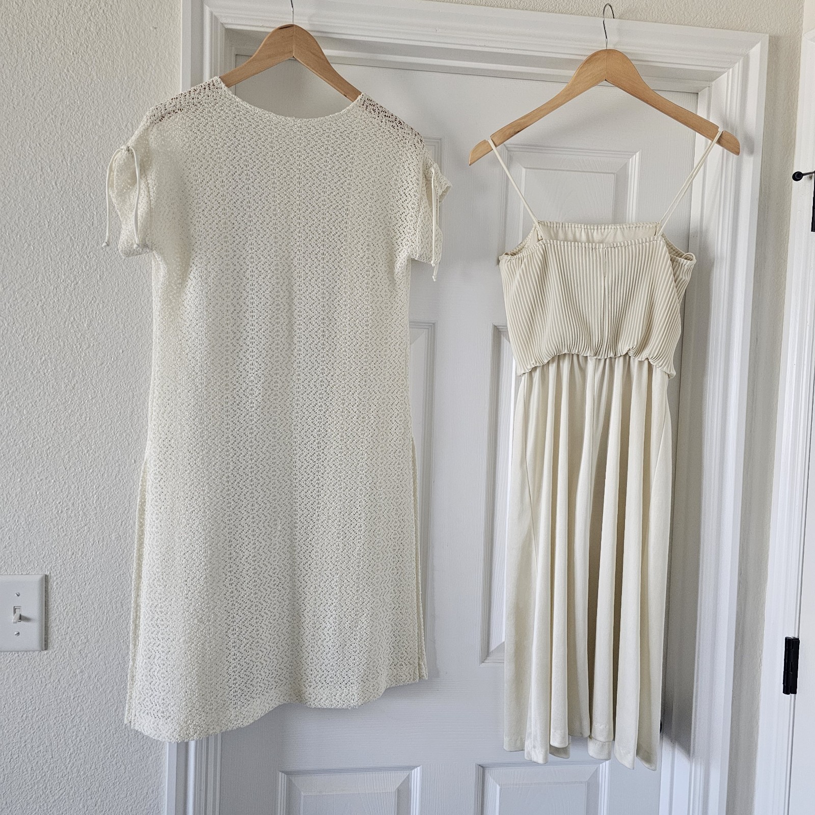 1970s Vintage Cream Ivory Spaghetti Strap Dress And Knit Lace Jacket Set #25