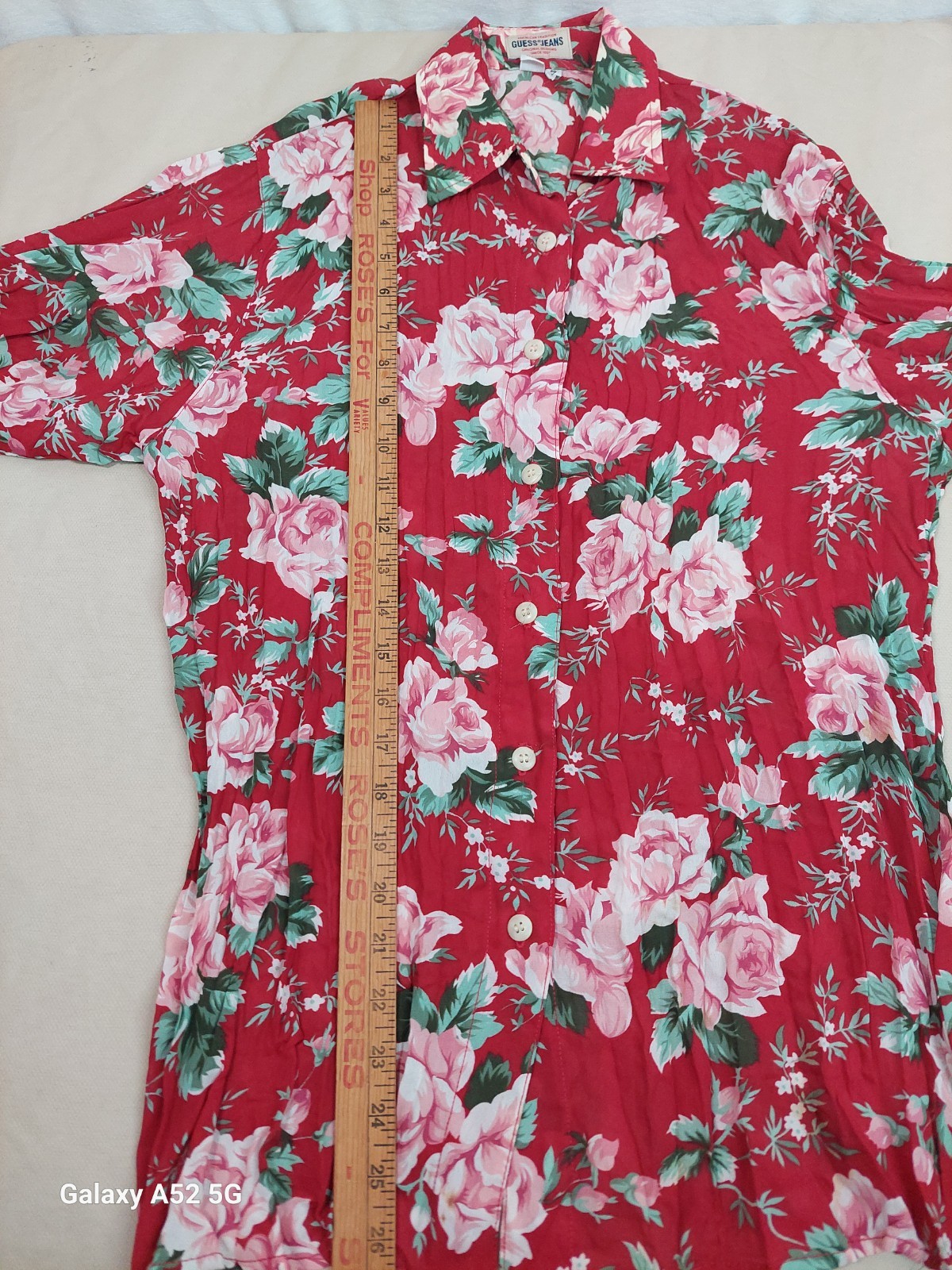 Vintage GUESS Jeans Floral Blouse USA S Red Pink Roses Button Up 90s Cottagecore