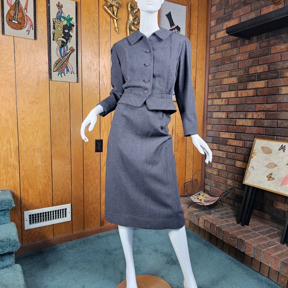 Vtg 40s Postwar WWII Tailored Wool Victory Suit Peplum Jacket Pencil Skirt XS/S