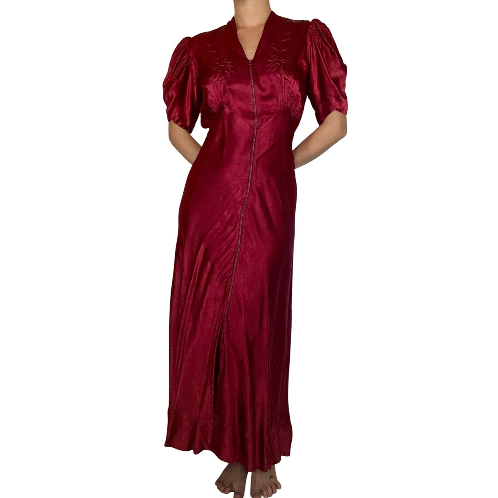 Vintage 1930s Liquid Satin Gown Quilted Floral Bias Cut Maroon Lounge Dress Gown