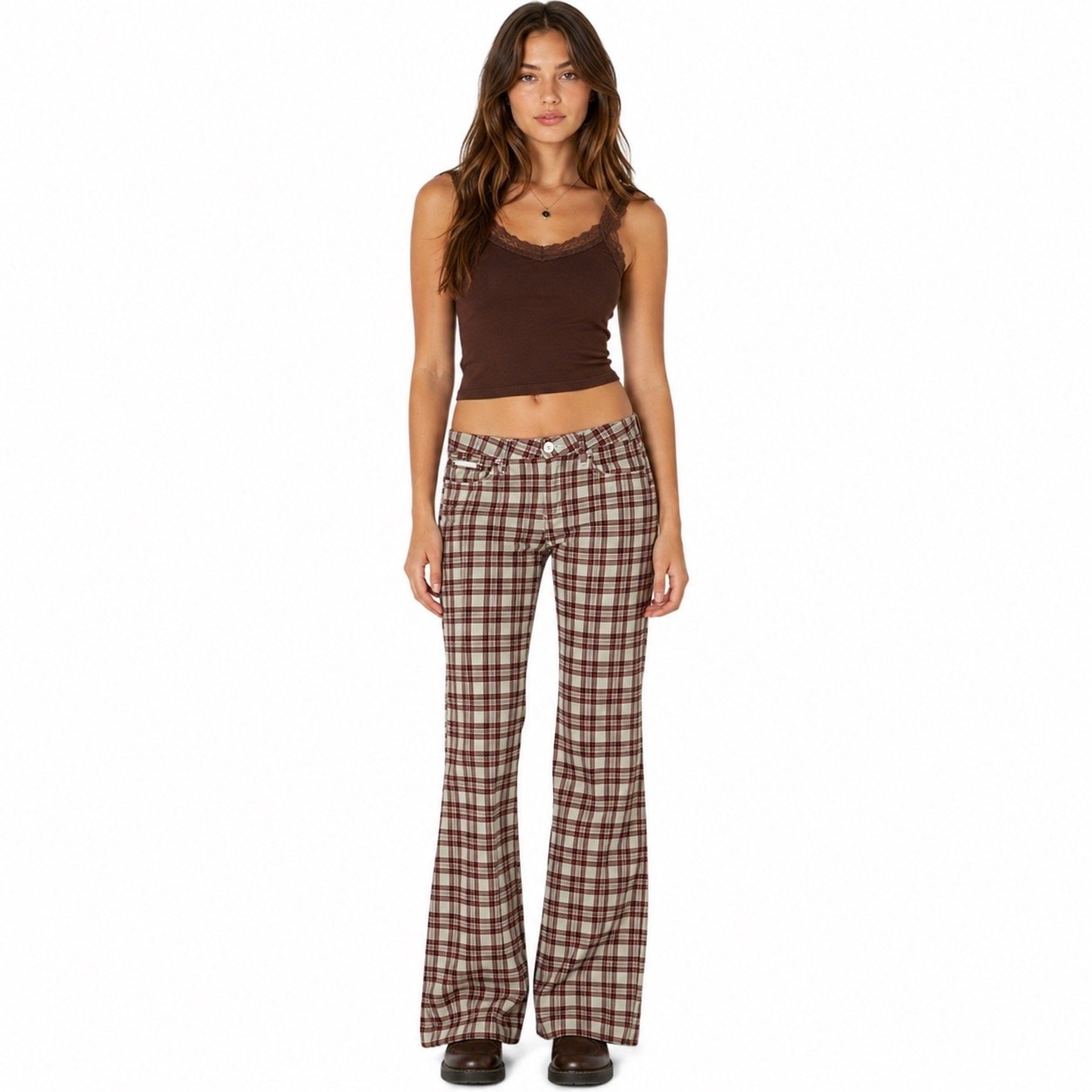 Y2K l.e.i. Low Rise Plaid Flare Pants 33×32 Stretch Bootcut Preppy size 11 ^