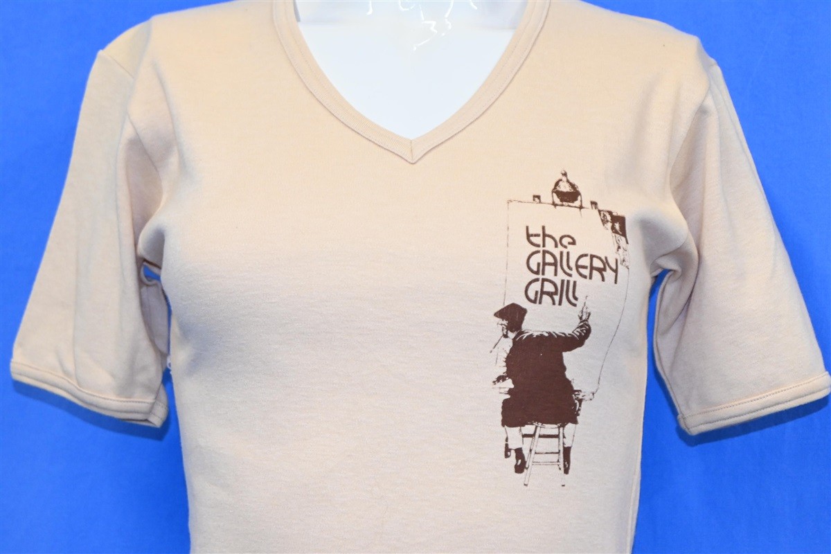 vtg 70s GALLERY GRILL RESTAURANT V-NECK 2 SIDED t-shirt WOMEN’S EXTRA SMALL XS