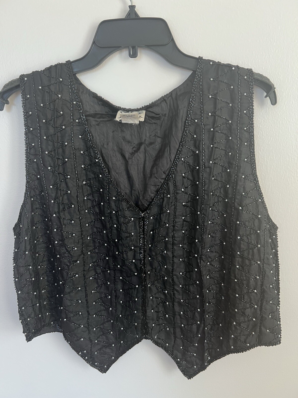 VTG 90s Style N Design Beaded Vest Large Goth Black Silver Y2K 100% Silk Retro