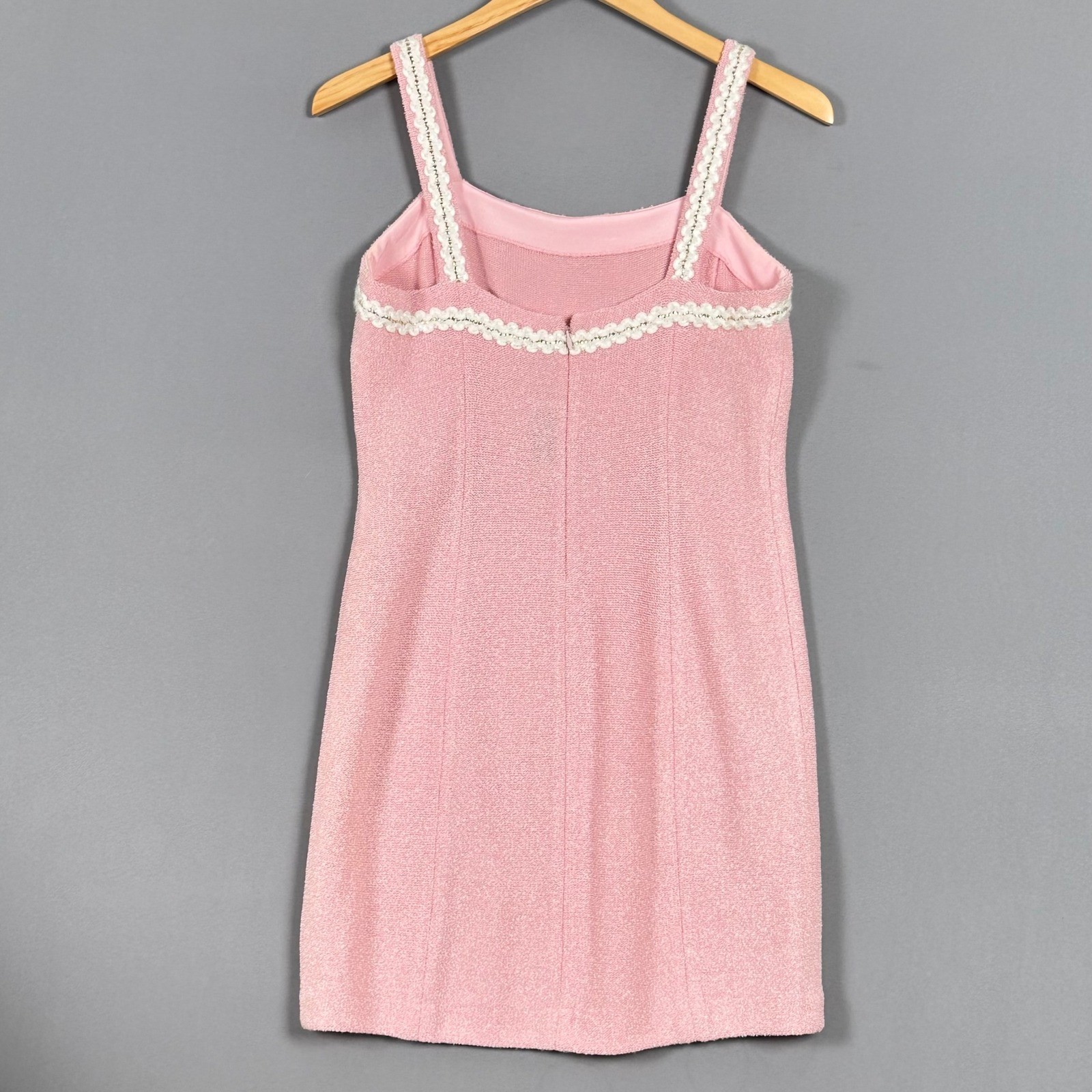 Vintage St John Marie Gray Pink Boucle Knit Mini Dress Wool Crochet Trim Sz 10