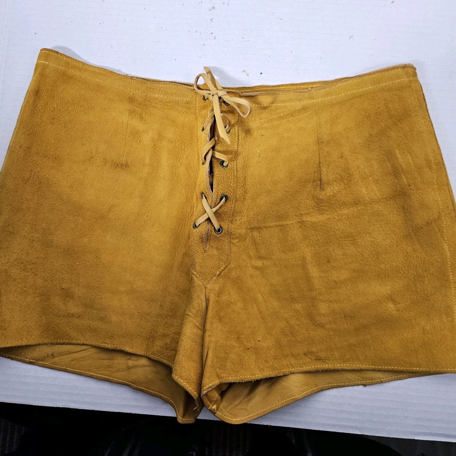 Vintage 60s 70s Suede Lace Up Mustard Yellow Women’s Booty Short Shorts Boho Y2K